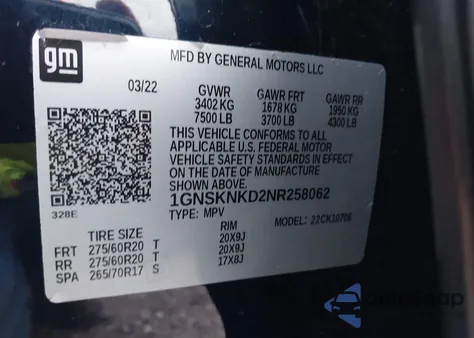 2022 Chevrolet Tahoe 4Wd Lt z USA, uszkodzony, nr VIN 1GNSKNKD2NR258062